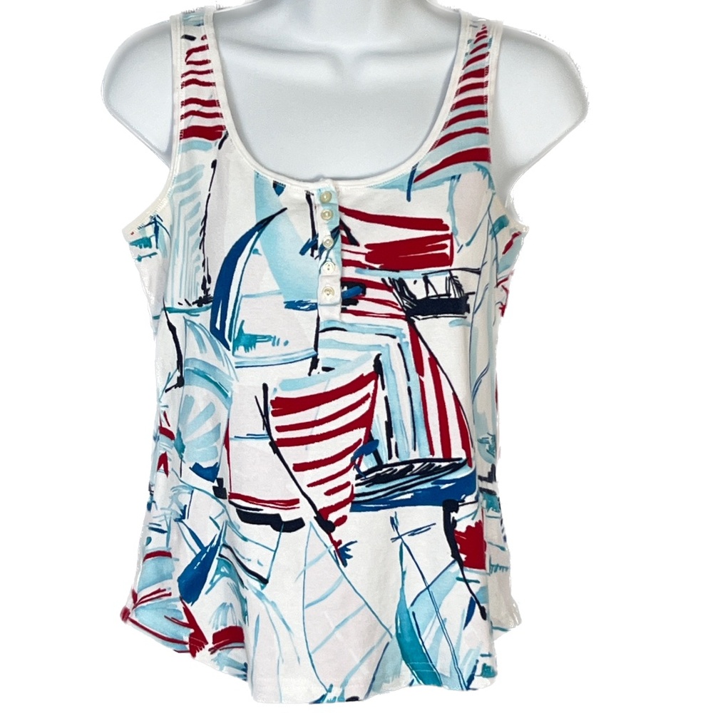 Chaps Tank Top Nautical Boats Sailboats Red White Blue Sz S Scoop Neck Cotton